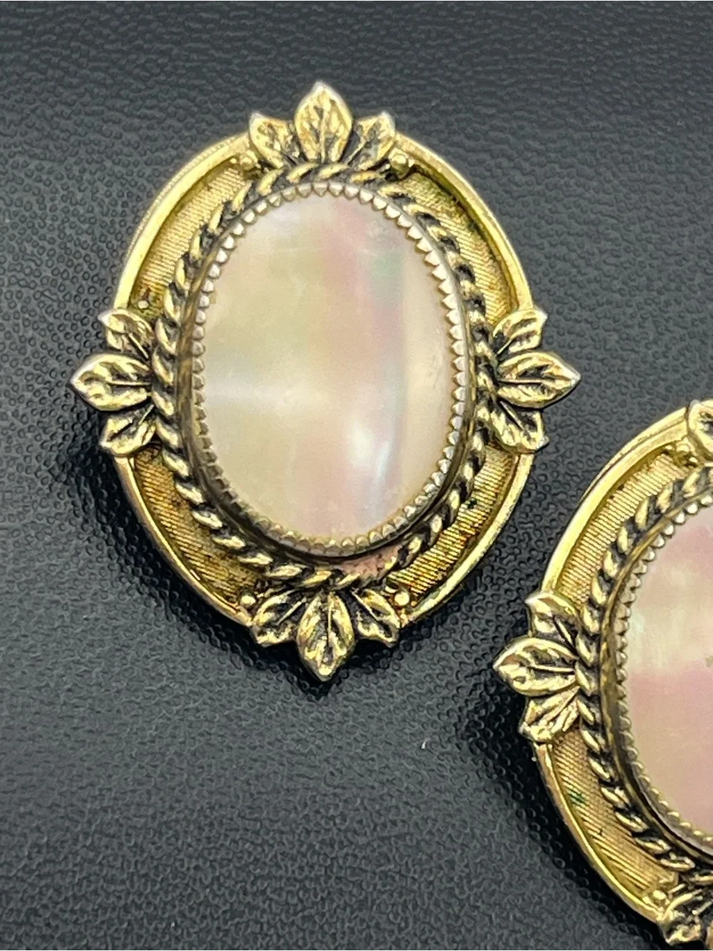 Whiting & Davis 1950’s Victorian Revival Gold tone mother of pearl clip earrings